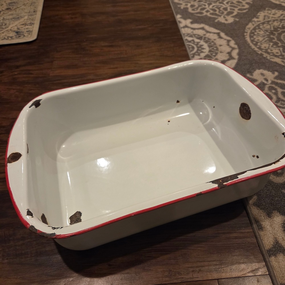 Vintage White Enamelware Wash Bucket Red Rim Rectangular Basin Rustic Farmhouse